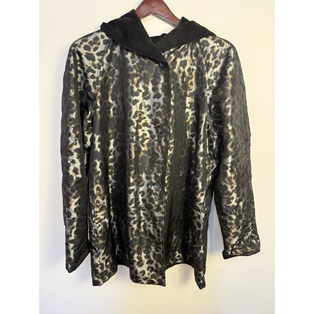 Dennis by Dennis Basso Leopard Reversible Trench Coat Womens L Hood Mob Wife